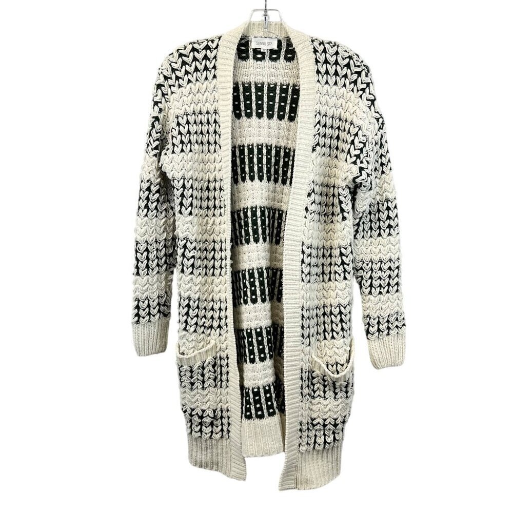 Sienna Sky Womens Open Front Ivory/Green Crochet Cardigan Long Sleeve XS